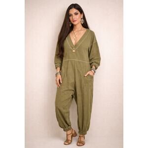 Natural Life Olive Green Boho Cotton Jumpsuit Romper V-Neck Pockets Large
